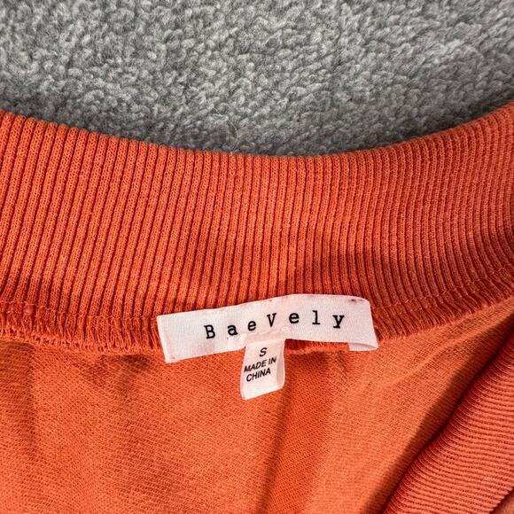 BaeVely V-Neck Mini Dress Size Small Orange Gathered Waist Long Sleeve Distresse - Picture 3 of 11